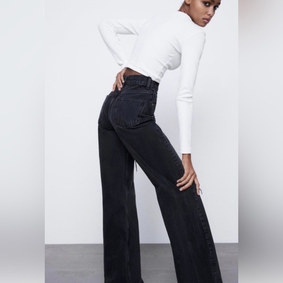 Zara Denim - ZARA 2 Black high rise wide leg raw hem 100% cotton woman jean boho